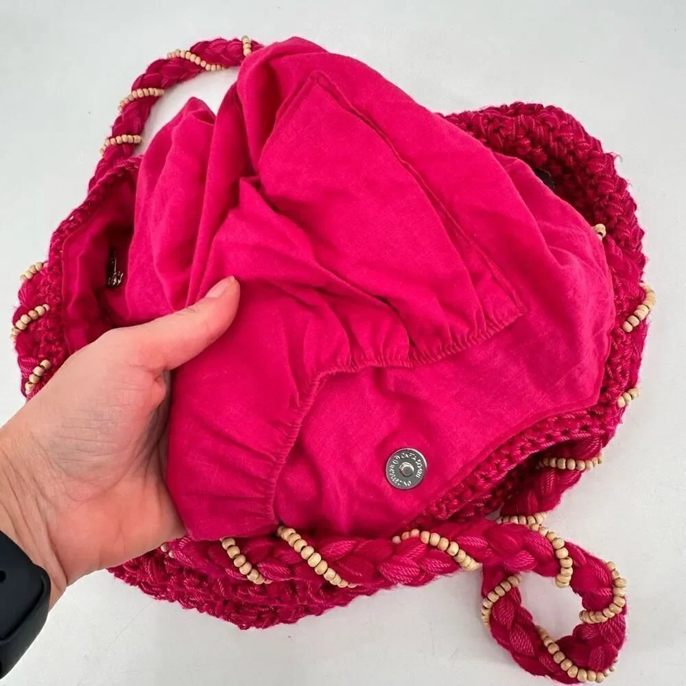 The Sak Women's Beaded Wrapped Handle knit Crochet Hobo Shoulder‎ Bag Pink Small